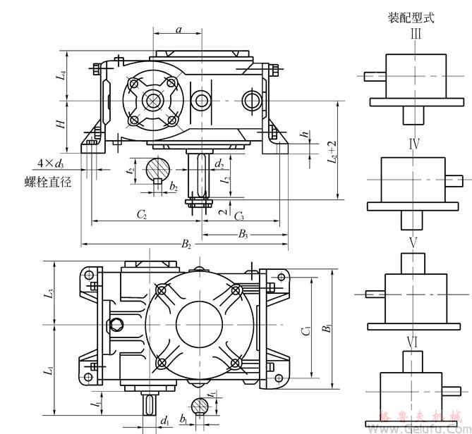 KWS32、KWS40、KWS50、KWS63、KWS80、KWS100、型錐面包絡圓柱蝸桿減速機的外形安裝尺寸和裝配型式Ⅲ&mdash;ⅥJB/T 5559－91