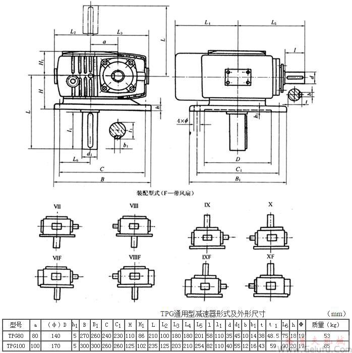 TPG80、TPG100、通用型減速機(jī)形式及外形尺寸（Ⅶ&mdash;Ⅹ）