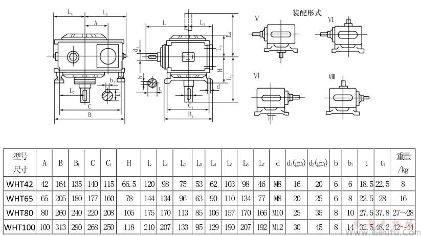WHT42、WHT65、WHT80、WHT100型圓弧圓柱蝸桿減速機(jī)Ⅴ&mdash;Ⅷ式安裝型式及尺寸JB2318&mdash;79