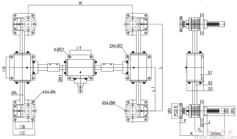 RJ-4SB系列多臺(tái)齒條升降機(jī)與傘齒箱組合高速升降齒條安裝圖 RJ-4SB系列多臺(tái)齒條升降機(jī)與傘齒箱組合高速升降齒條安裝圖